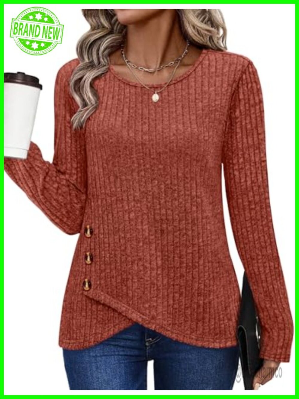 Women's Tunic Sweater Long Sleeve Crew Neck Button Detail Top